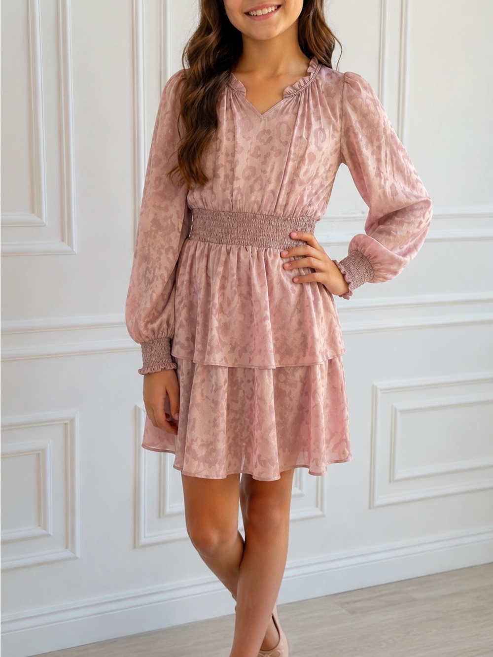 Walking on sunshine Smocked Waist Pink Tiered Long-Sleeve Dress small girls